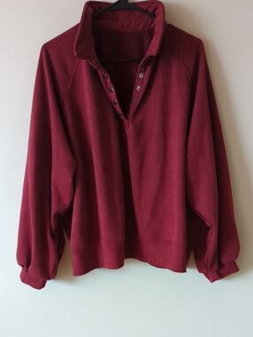 Snap-Button Funnel Neck Pullover - Deep Burgundy Women's 2XL